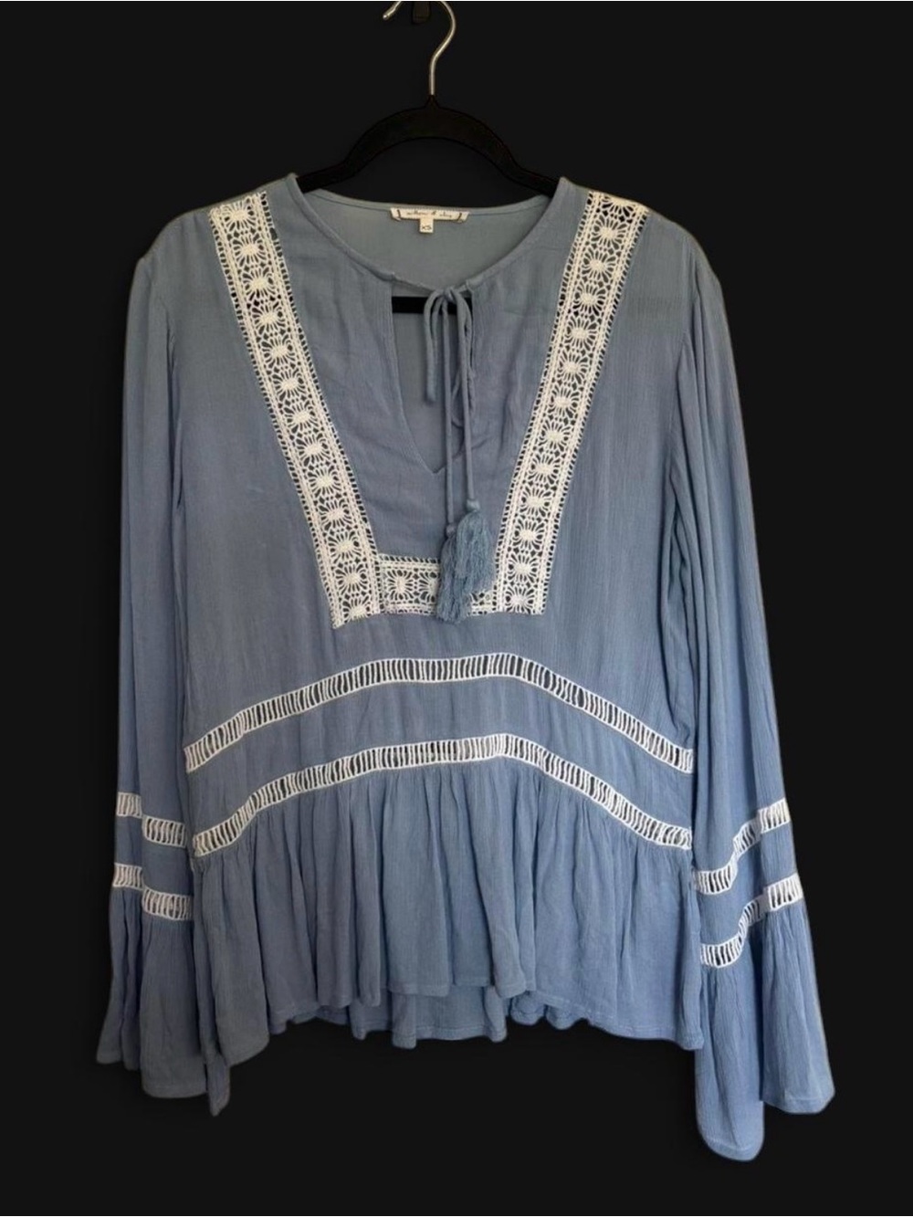 Willow & Clay Boho Crochet Lace Trim Bell Sleeve Coastal Peasant Top Oversized